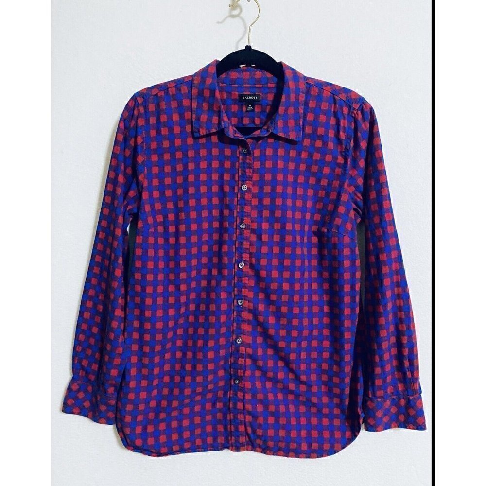 Talbots Womens Medium Check Print Long Sleeve Button Up Top Red Blue Cotton